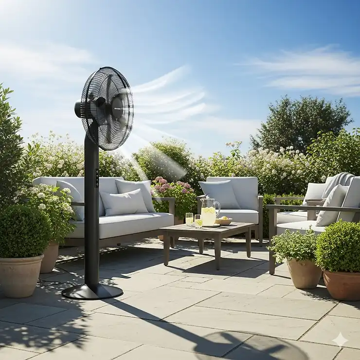 A tall, black outdoor pedestal fan providing a cool breeze on a sunny patio with comfortable seating.