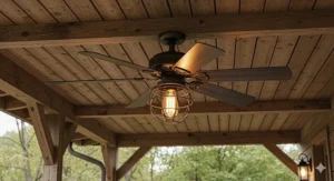A small 20-inch outdoor ceiling fan mounted on a covered porch, complementing the rustic decor.