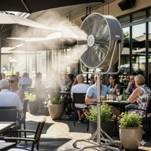 An industrial misting fan providing cool relief on a hot day at a restaurant patio, enhancing the outdoor dining experience.