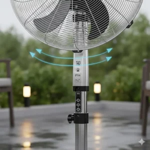 Close-up of an outdoor pedestal fan highlighting key features like adjustable height, oscillation, and a waterproof motor.