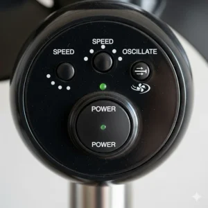 A close-up shot of the control panel on a 30-inch pedestal fan, detailing the speed settings and oscillation function for easy user control.