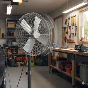 A 30 industrial pedestal fan being used in a home garage, demonstrating its versatility for both commercial and residential cooling applications.