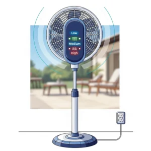 A graphic illustration showing the different wind speed settings on an outdoor oscillating pedestal fan.