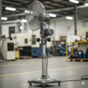 A tall, adjustable pedestal-style industrial fan, ideal for floor placement in factories and garages.