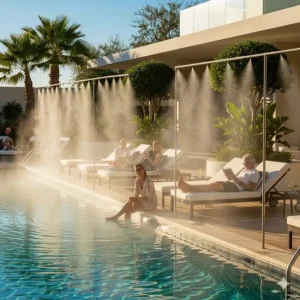 Misting lines installed around a pool deck, providing a cool mist to create a more enjoyable and refreshing poolside experience.
