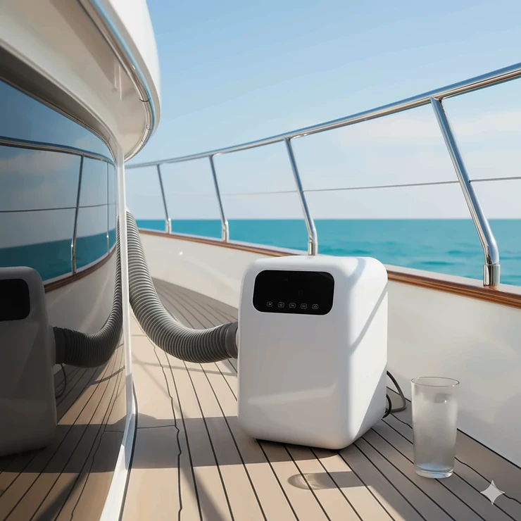 A compact portable boat air conditioner on the deck of a sleek yacht, providing cool relief on a sunny day.