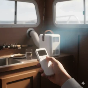 A hand holding a remote control for a portable boat air conditioner, emphasizing the convenience and ease of use.