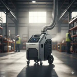 A powerful, sleek portable industrial air conditioner unit with a large exhaust hose, suitable for cooling warehouses and manufacturing plants.