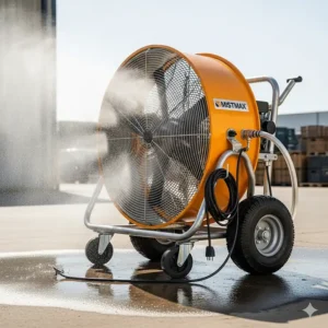 A portable industrial misting fan on wheels, highlighting its mobility for various cooling applications.