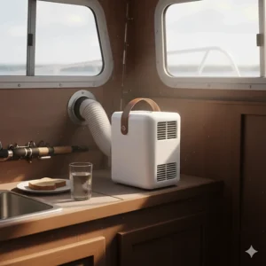 A view of a portable marine air conditioner unit placed in the galley of a small fishing boat, keeping the space cool and dry.