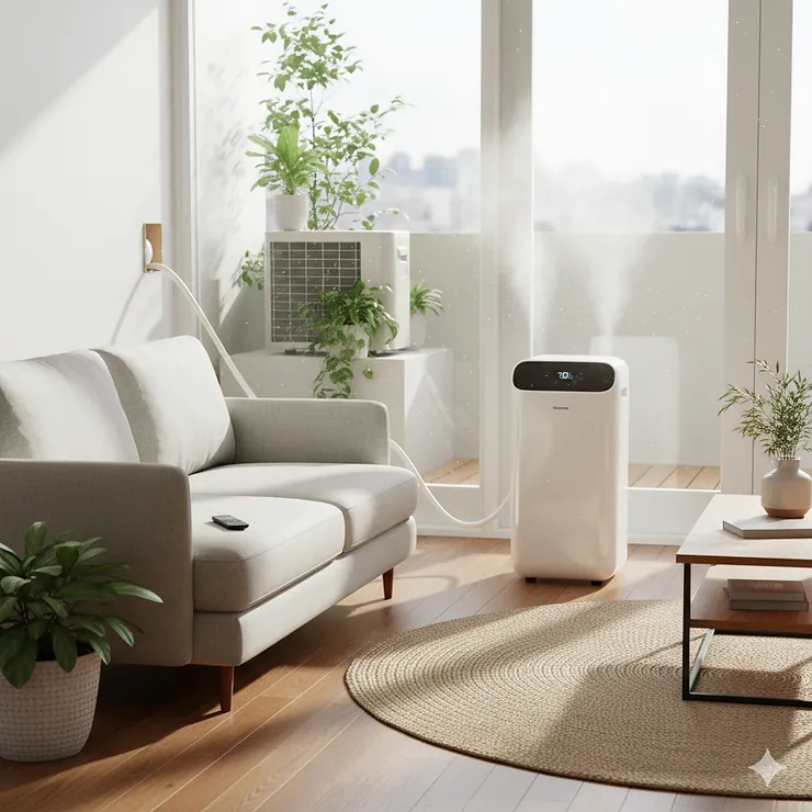 A portable mini split air conditioner unit efficiently cooling a modern living room.