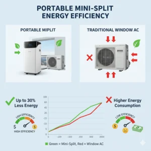 An infographic illustrating the superior energy efficiency of portable mini split systems.