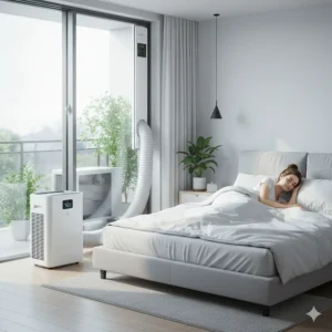 A quiet portable mini split system discreetly placed in a bedroom, providing powerful cooling.
