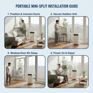 A step-by-step guide illustrating the easy installation of a portable mini split AC unit.