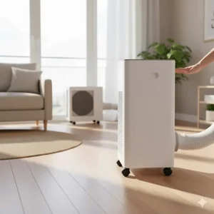 A portable mini split unit on caster wheels, emphasizing its easy mobility and portability.