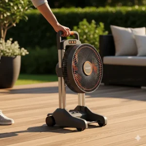 An image of a lightweight, portable outdoor fan being easily moved on a deck, showcasing its mobility.