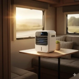 A compact portable air cooler sits on a small table inside a recreational vehicle (RV), with sunlight streaming through the window.