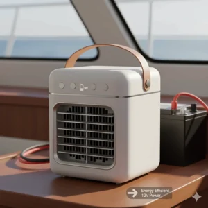 An illustration of a portable boat air conditioner being powered by a 12V battery, highlighting its energy efficiency for marine use.