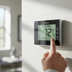 A digital programmable thermostat used to effectively manage and control the cooling settings for a 14 SEER air conditioning system.