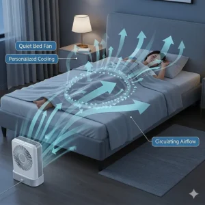 An illustration showing how a quiet bed fan circulates air over the body, providing personalized cooling for a comfortable night's sleep.