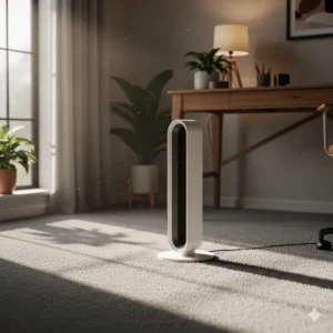 A product shot of a quiet-operating floor fan placed on a plush carpet in a home office. The image suggests a peaceful and comfortable environment, emphasizing the fan's low noise level.