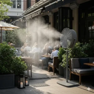 A shot of a large misting fan running quietly in a restaurant patio, highlighting its low noise level.
