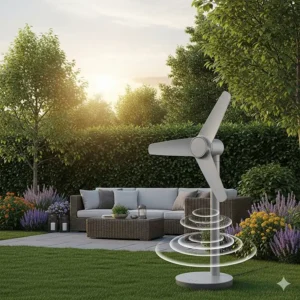 A visual representation of a silent outdoor fan, perhaps with a sound wave icon or a peaceful backyard setting to emphasize its quiet operation.