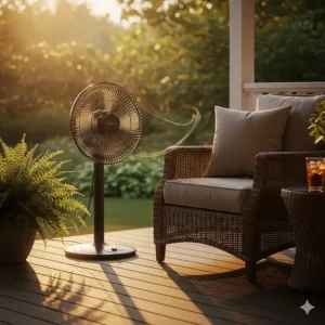 A serene image of a quiet, low-noise outdoor pedestal fan running on a porch in the evening.