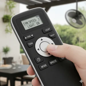 A close-up of a remote control for an outdoor fan, highlighting the convenience of adjusting fan speed and light settings.