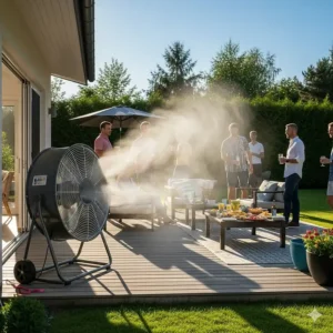 A large misting fan placed on a backyard deck, making summer parties more enjoyable by lowering the air temperature.