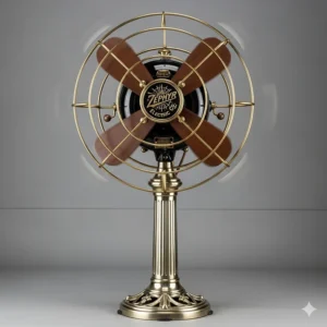 A fully restored and working vintage pedestal fan, showcasing its classic design and craftsmanship.