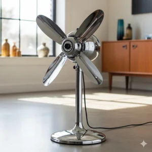 A gleaming chrome retro pedestal fan from the mid-century modern era, featuring a sleek, minimalist design.