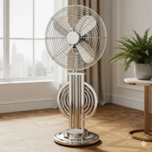 A stylish art deco-inspired retro pedestal fan with a unique geometric base and polished chrome finish.