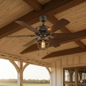 A rustic bronze 52-inch outdoor ceiling fan with decorative blade holders, ideal for a farmhouse-style porch.