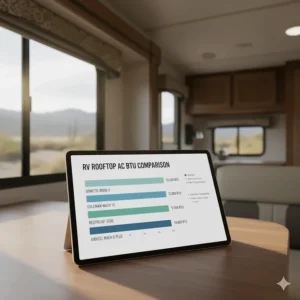 Chart comparing different RV air conditioners rooftop models based on British Thermal Unit (BTU) cooling capacity.