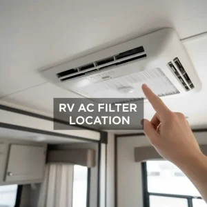 Diagram or photo showing the typical RV AC filter location on a roof-mounted unit's interior ceiling assembly.