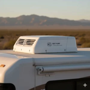 Side view of an RV rooftop air conditioner that includes a heat pump function for all-season climate control.