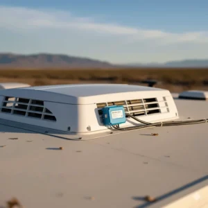 Image of a soft-start device connected to an RV rooftop air conditioner, allowing use with smaller generators.