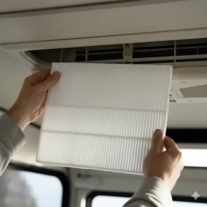 Close-up of a new air conditioner filter for RV ready for installation, highlighting its clean, pleated material to maximize cooling efficiency and air quality.
