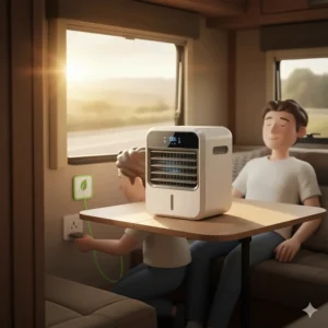 A person plugging a portable air cooler into a small RV power outlet, showing its energy-efficient operation.