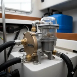 A durable seawater cooling pump with an integrated strainer, which is an essential component for a marine air conditioner's heat exchange process.