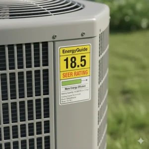 Image highlighting the SEER rating label on a highly efficient 5 ton air conditioner model.