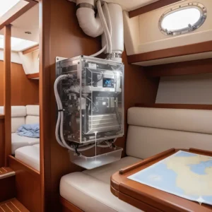 A self-contained marine air conditioner, showcasing its all-in-one design and easy installation for smaller boats.