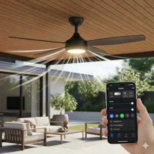A smart 52-inch outdoor ceiling fan being controlled by a smartphone app, highlighting its smart home integration features.
