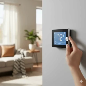 Smart digital thermostat controlling a 16 SEER air conditioner, illustrating precise temperature management.