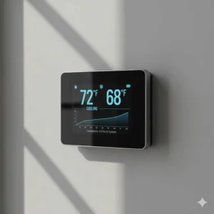 Smart thermostat controlling the temperature settings for a new 2.5 ton air conditioning system.
