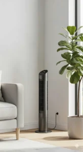 A tall, slender tower fan occupying minimal floor space in a corner, illustrating its space-saving design and small footprint.