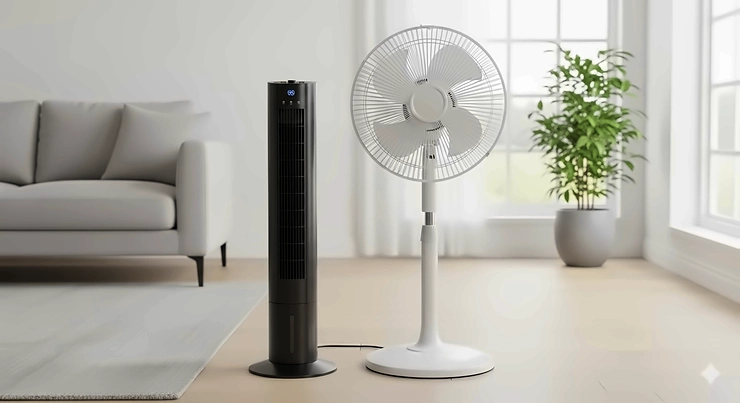 A side-by-side comparison of a sleek black tower fan and a classic white pedestal fan in a modern living room, highlighting the key visual differences between the two types of fans. tower fan versus pedestal fan