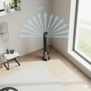 An overhead shot of a tower fan with arrows indicating its wide oscillation range, demonstrating how it distributes air across a large area of a room.