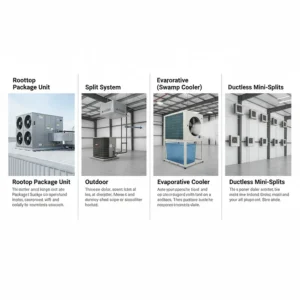 An infographic showing various types of commercial air conditioner units suitable for a warehouse.